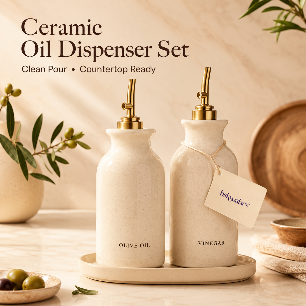 hskxoalxes™ Ceramic Oil Dispenser Bottle Set | Olive Oil Vinegar Pourers for Minimal Countertop Styling