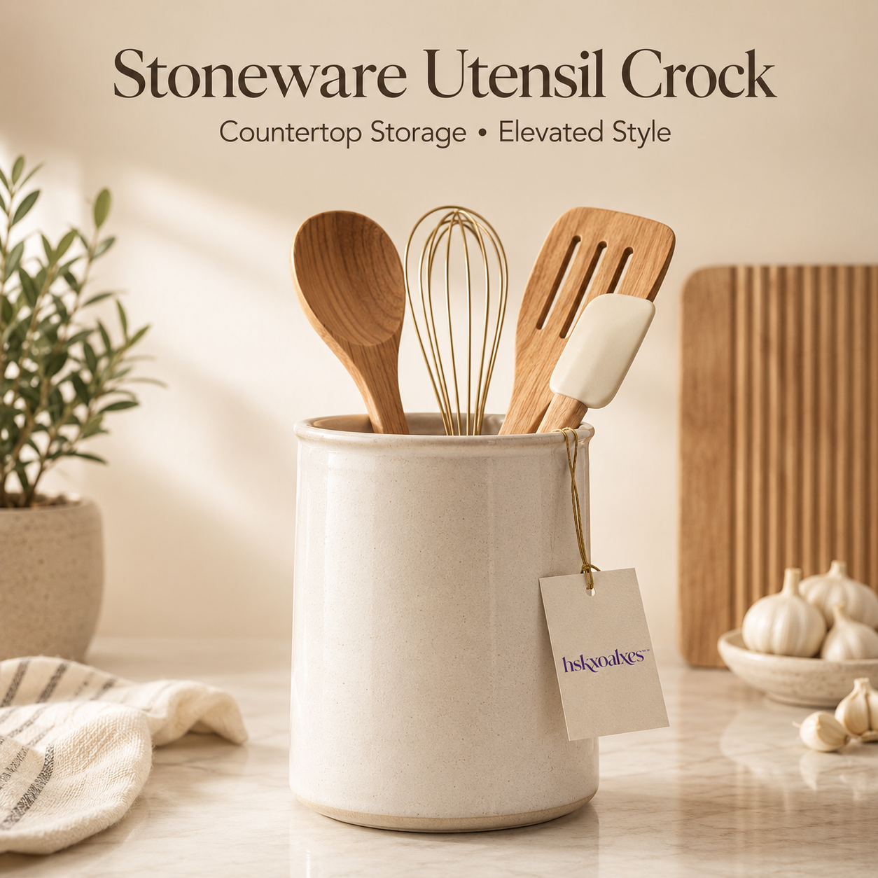 hskxoalxes™ Stoneware Utensil Crock | Ceramic Kitchen Tool Holder and Minimal Countertop Organizer