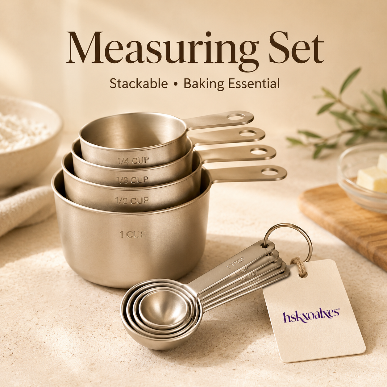 hskxoalxes™ Matte Stainless Steel Measuring Cups and Spoons Set | Stackable Baking Tools