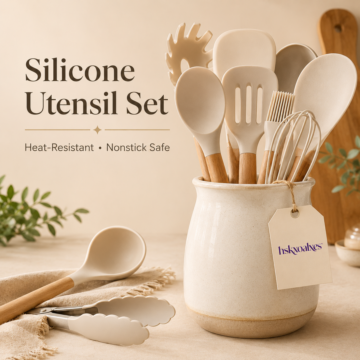hskxoalxes™ Matte Silicone Cooking Utensil Set | Nonstick Spatula Spoon Tongs with Acacia Handles
