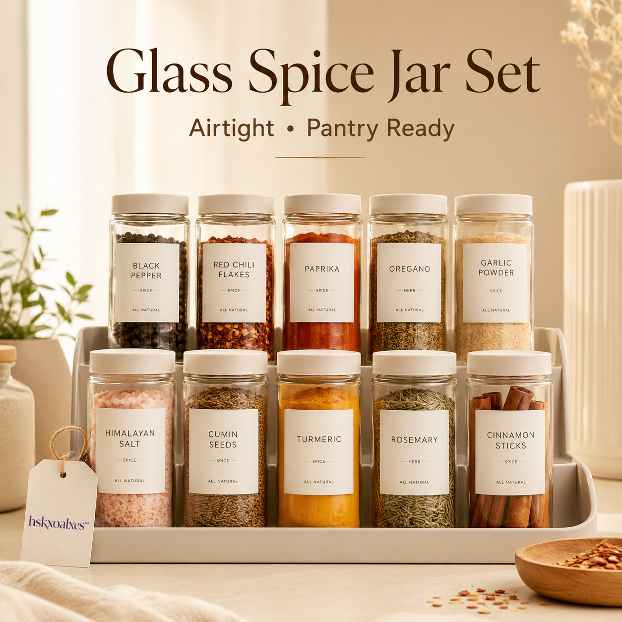 hskxoalxes™ Glass Spice Jar Set | Airtight Pantry Organizer with Minimal Labels for Kitchen Storage