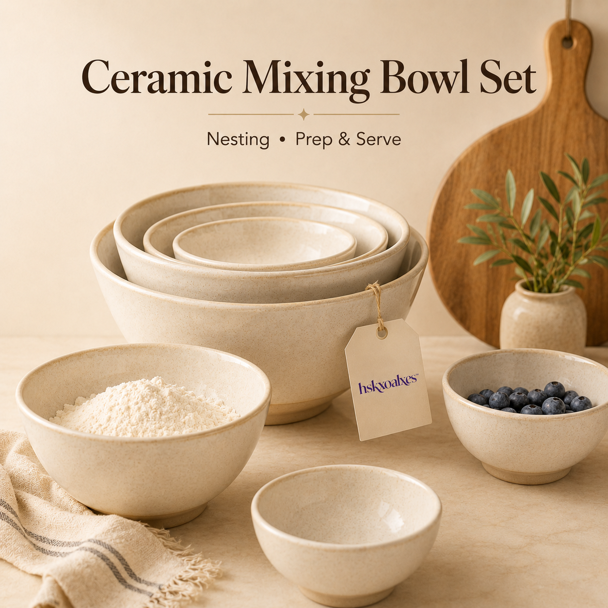 hskxoalxes™ Ceramic Mixing Bowl Set | Nesting Prep Bowls for Baking Salads and Serving
